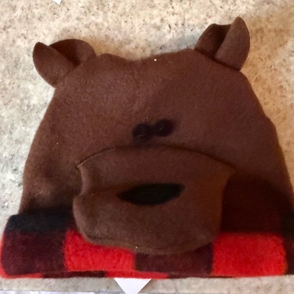 mullins square Other - baby/toddler Brown Bear Fleece Hat with Red Plaid Trim